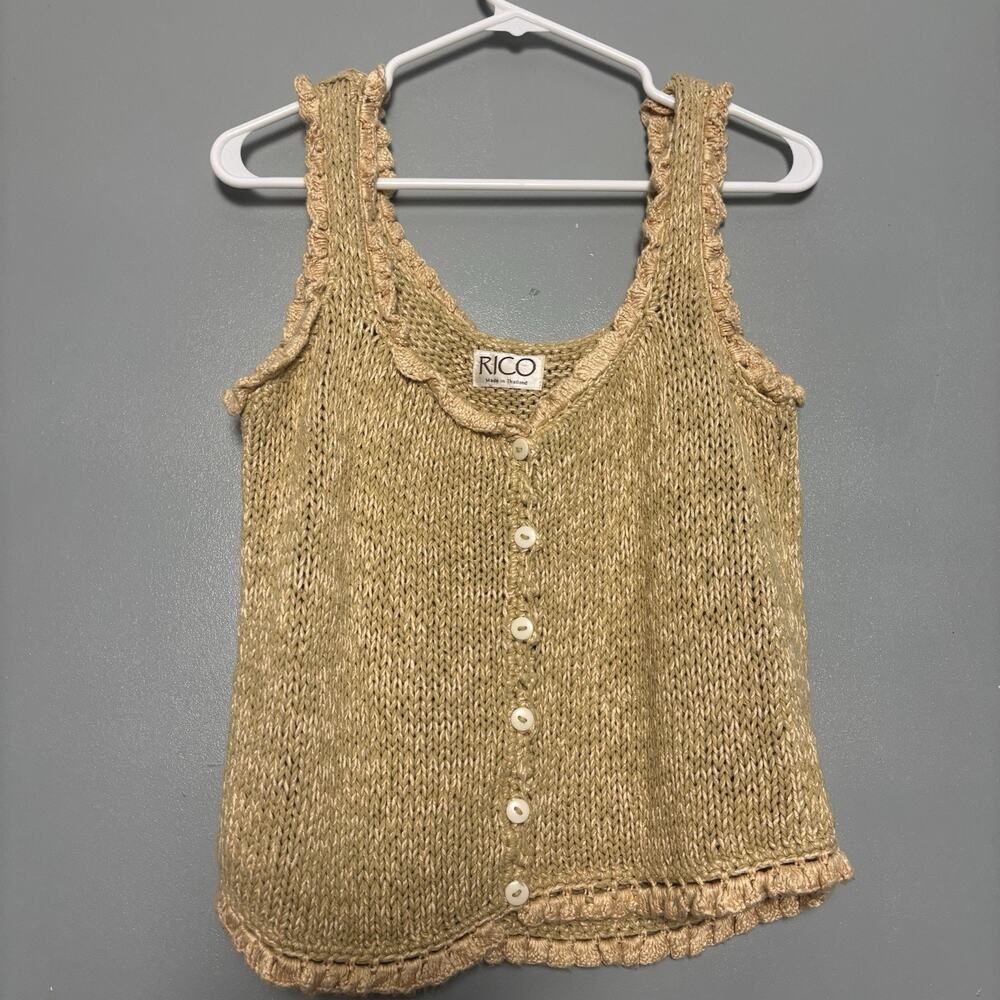 Vintage 90’s Women’s RICO Knit Tank Top Shirt Beige Hippie Festival Boho Cottage